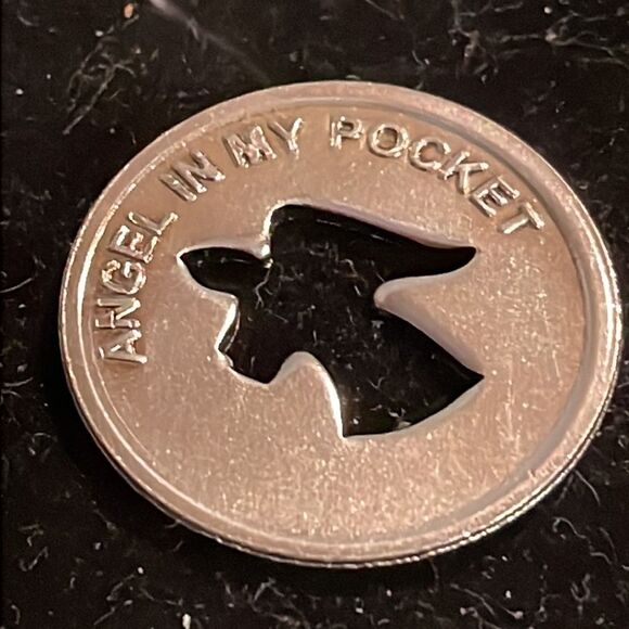 1” silver tone round coin w/Angel shape cut out “Angel in my pocket” - Picture 10 of 12